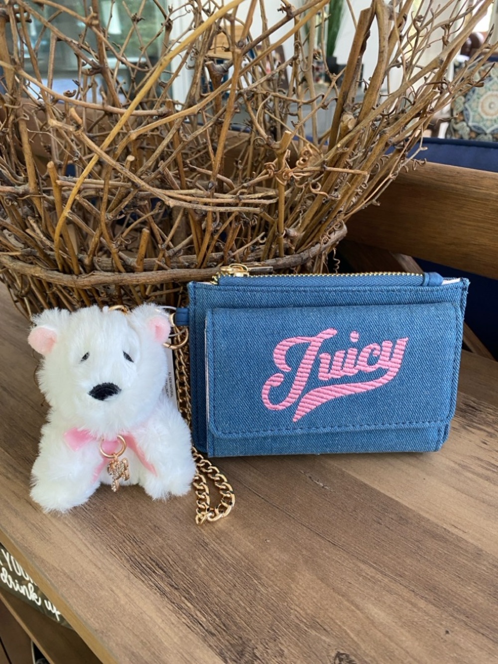 Juicy Couture Blue Denim Wallet with Pink Script Logo and Gold Chain